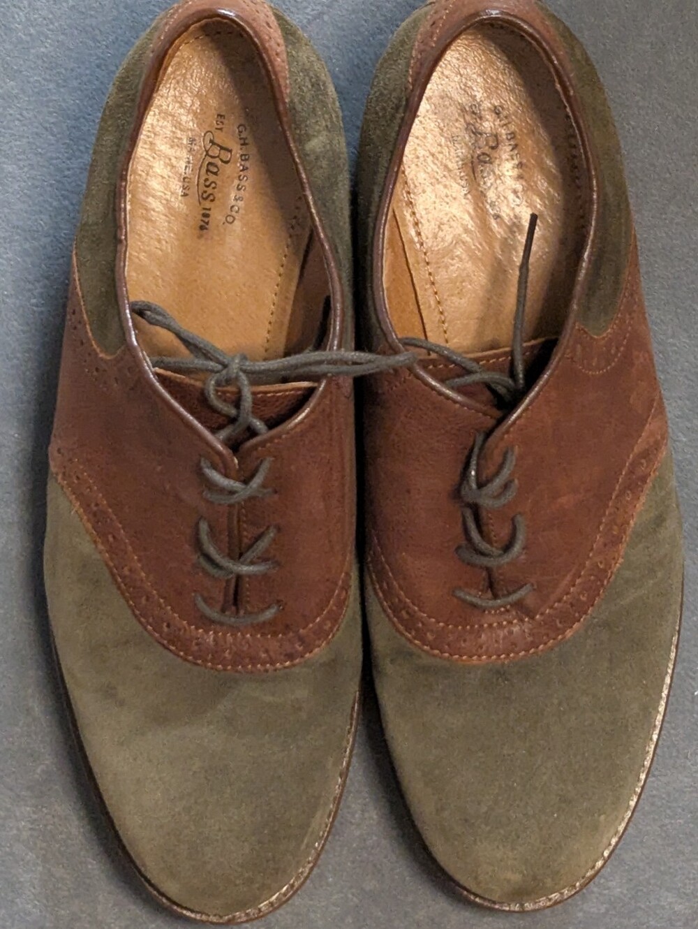 G.H. Bass & Co. Olive Suede and Brown Leather Saddle Shoes Oxfords Size 9 - Picture 5 of 11